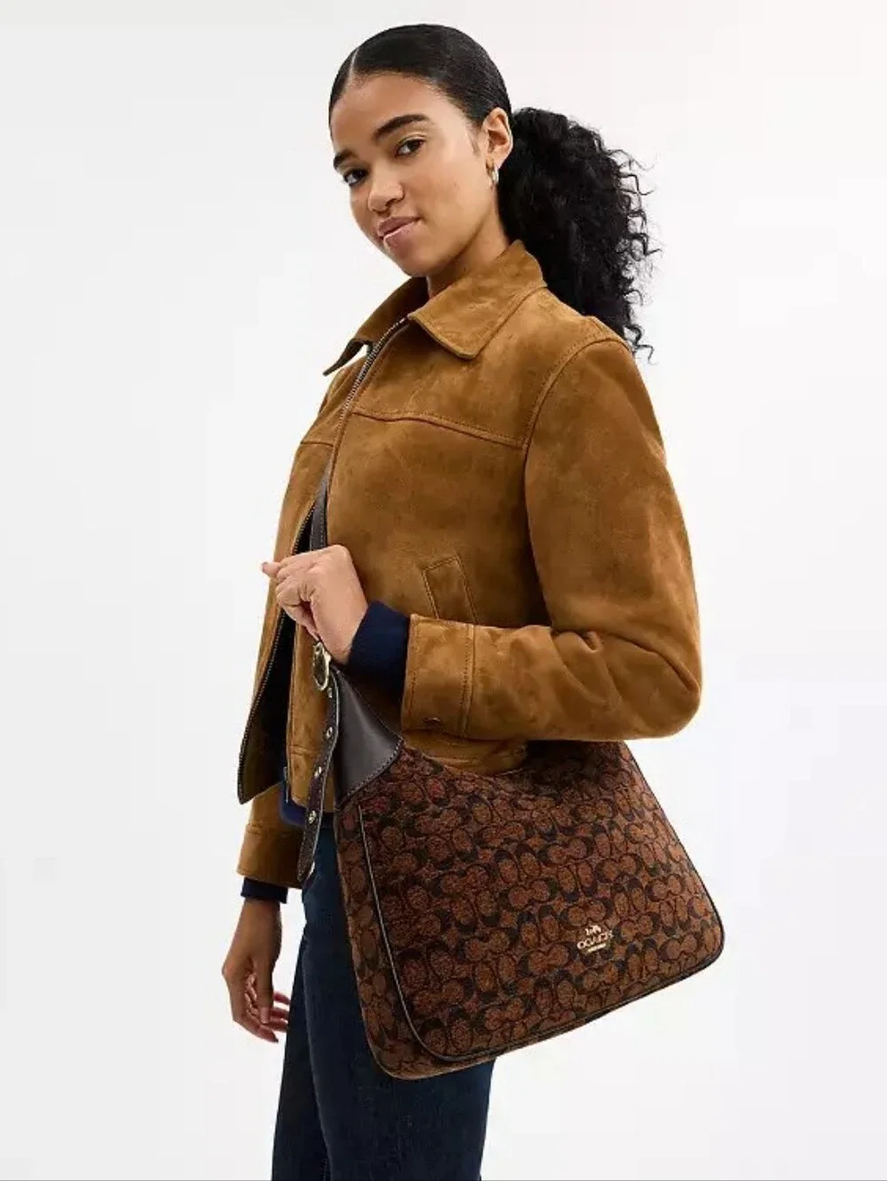 Coach Brown Signature Jacquard Shoulder Bag with Dark Leather Trim